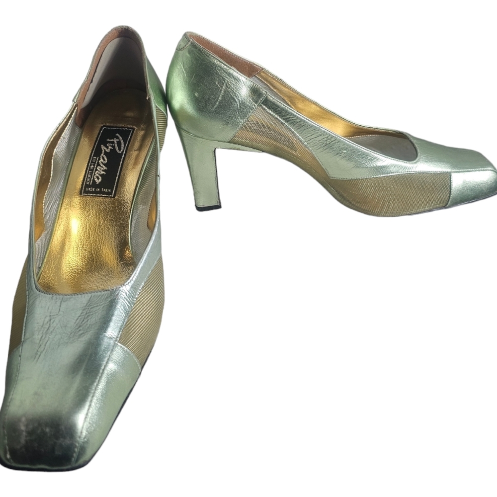 Vintage Emerald Green Metallic Mesh High Heel Shoes Made In Italy Size 11 M
